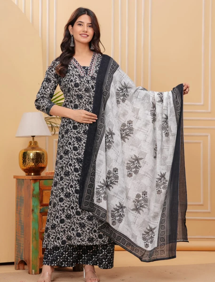Black Cotton Kurti Palazzo Set With Dupatta