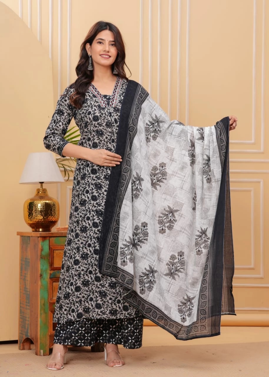 Black Cotton Kurti Palazzo Set With Dupatta