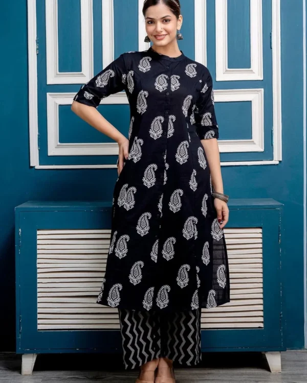 Printed A-Line Black Kurti Pant Set