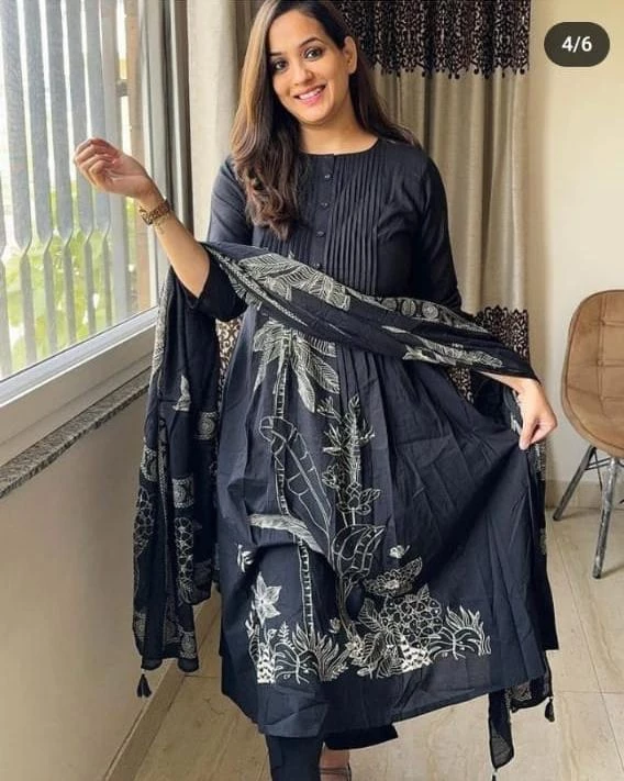 Floral Printed Black Cotton Suit Set