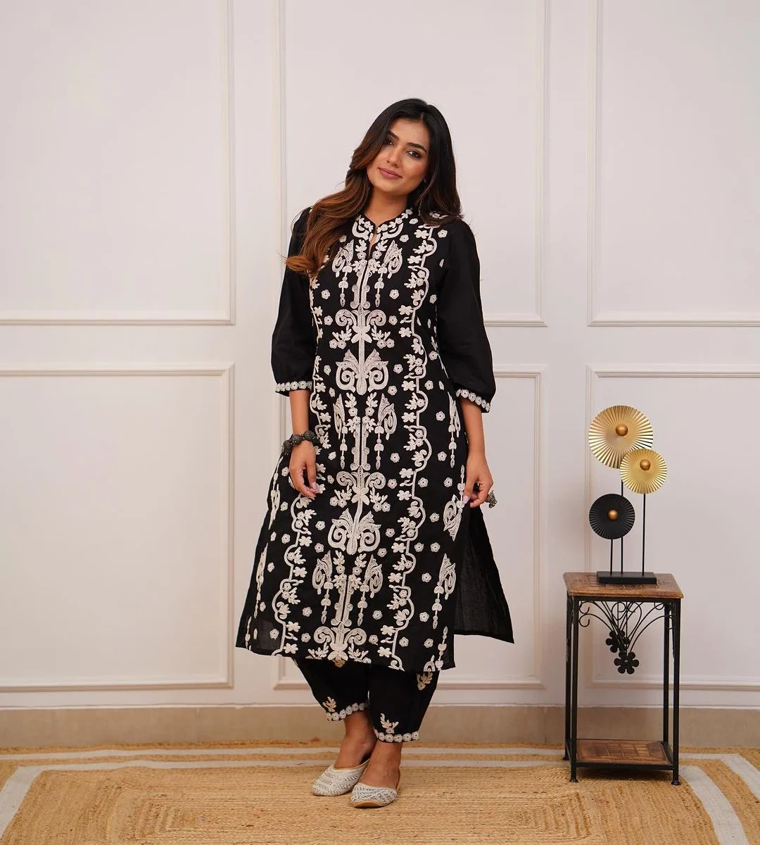 Party Wear Cotton Black Kurti Pant Set