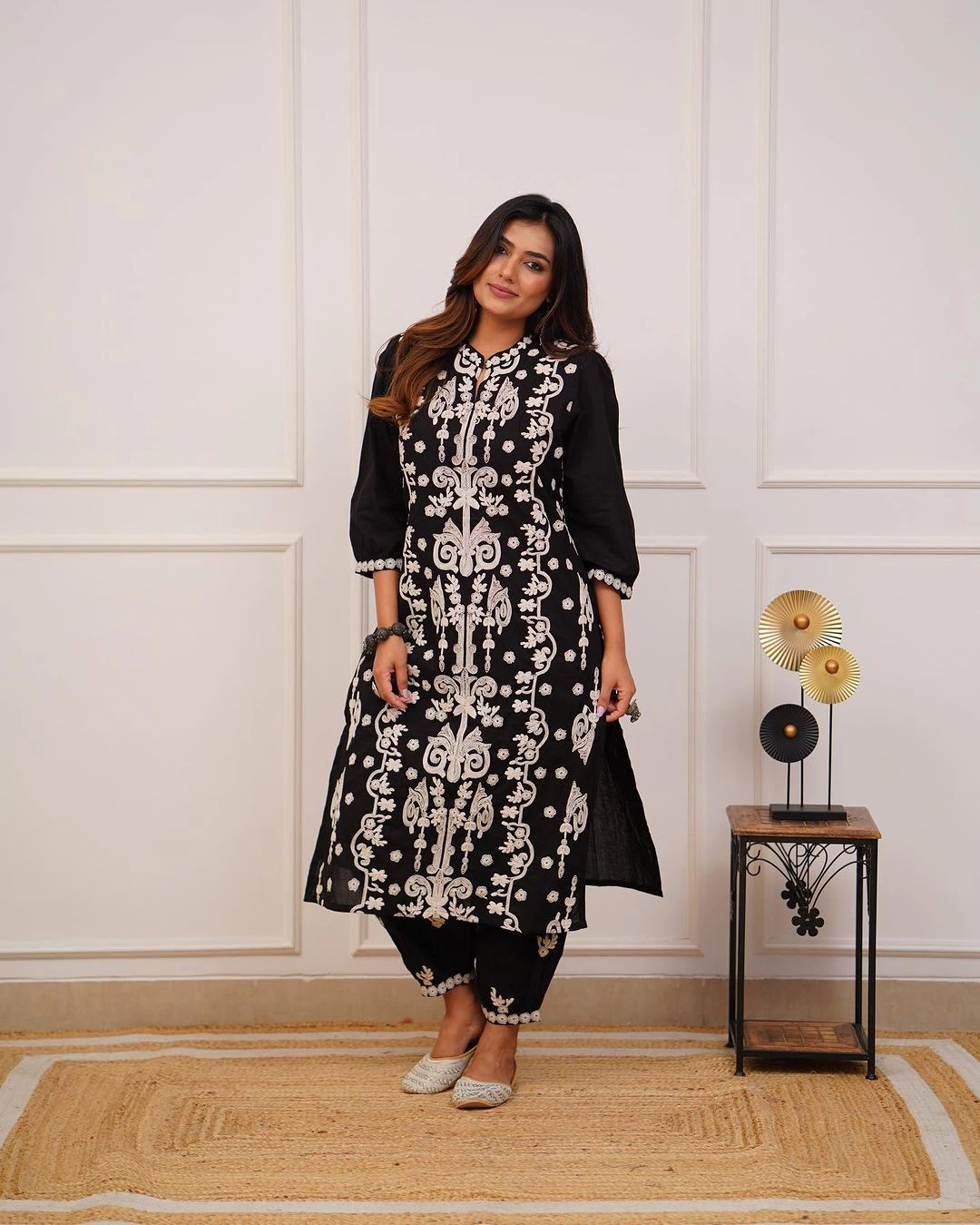 Party Wear Cotton Black Kurti Pant Set