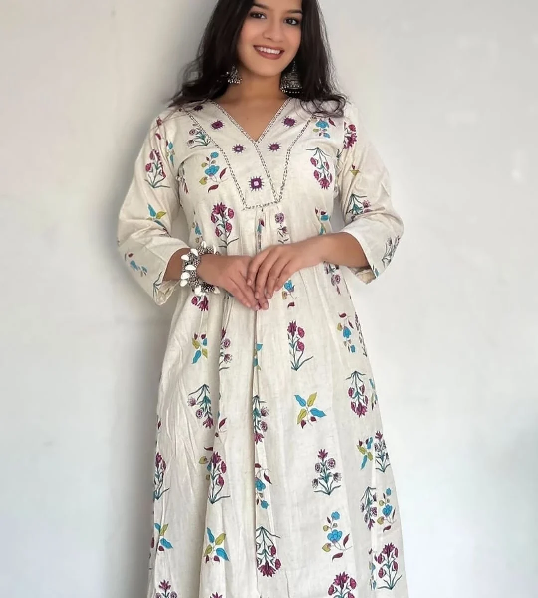 Floral Print White Cotton Kurti Pant Set