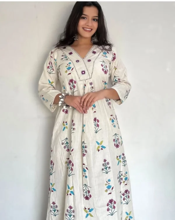 Floral Print White Cotton Kurti Pant Set