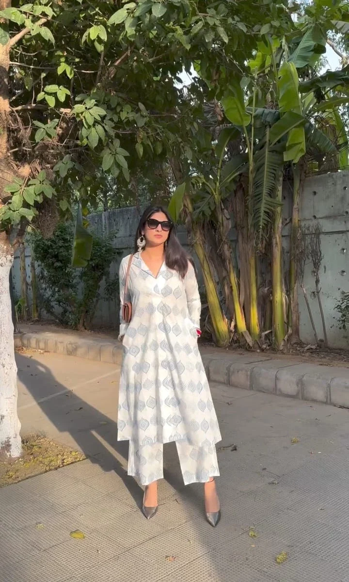 Cotton White Office Wear Kurti Pant Set
