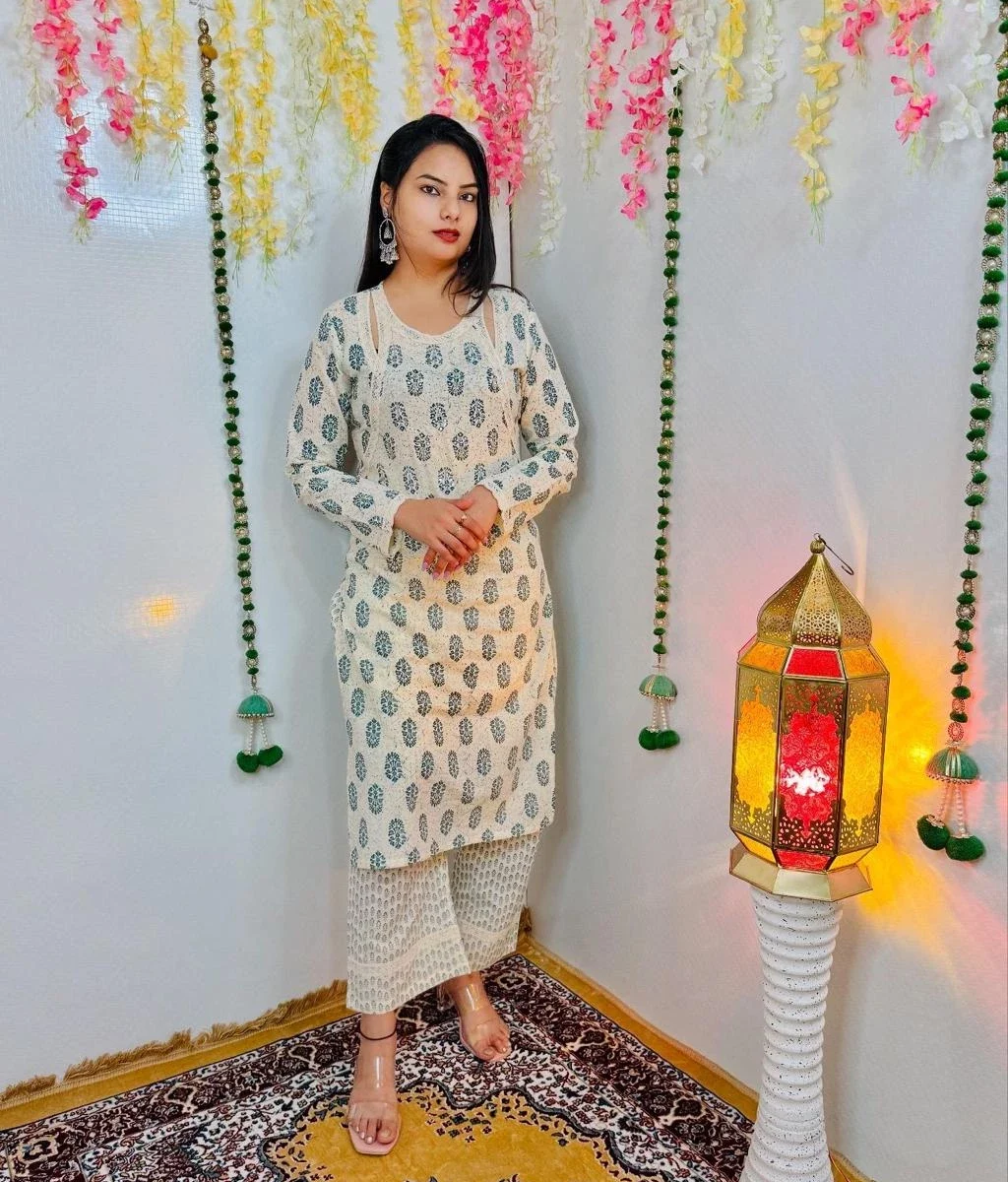 Handwork Printed Cotton Kurti Pant Set