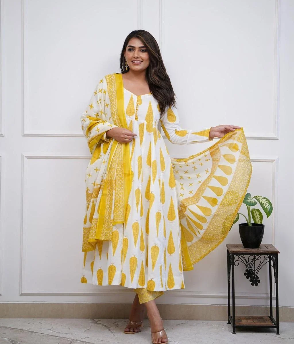 Flared Cotton Yellow White Suit Set