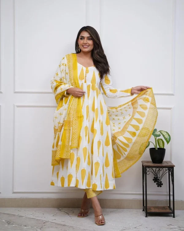 Flared Cotton Yellow White Suit Set