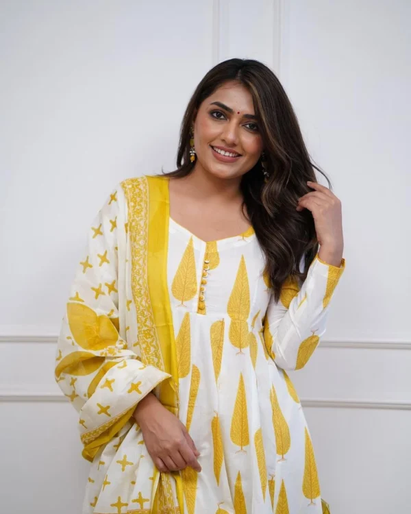 Flared Cotton Yellow White Suit Set