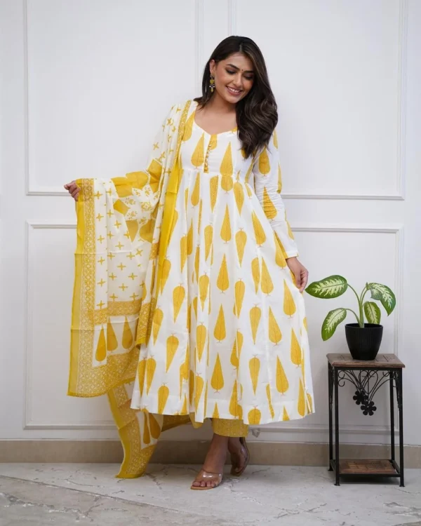 Flared Cotton Yellow White Suit Set