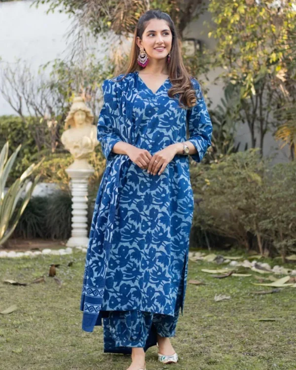 Cotton Blue Floral Printed Suit Set