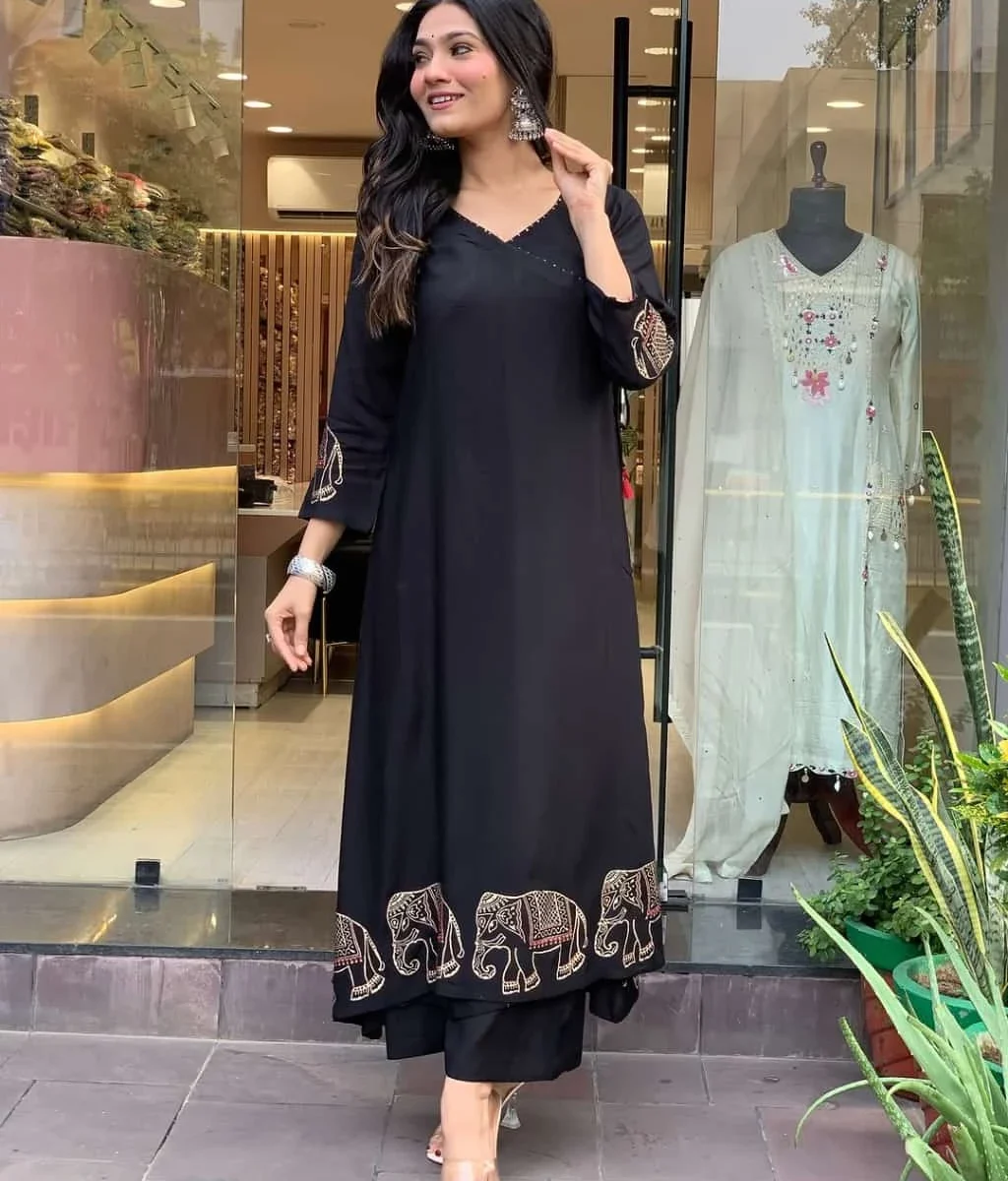 Cotton Office Wear Black Kurti Pant Set