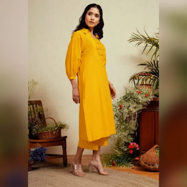 Yellow Slub Cotton Kurti Pant Set