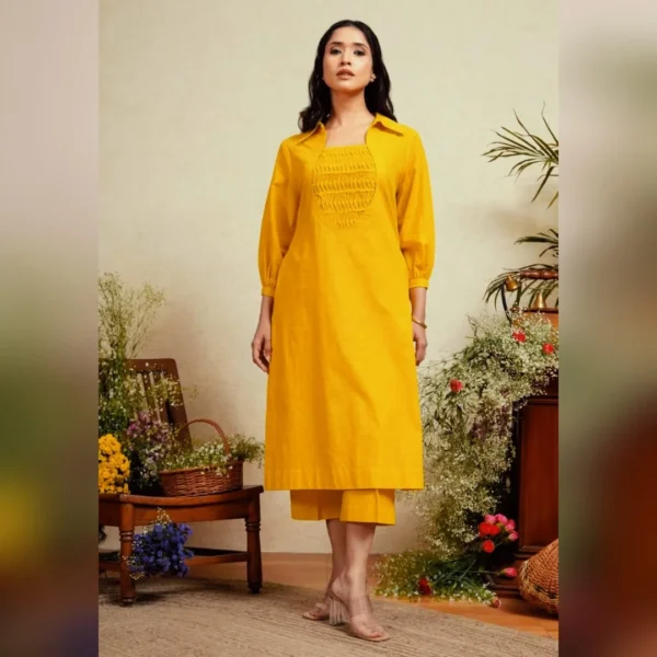 Yellow Slub Cotton Kurti Pant Set