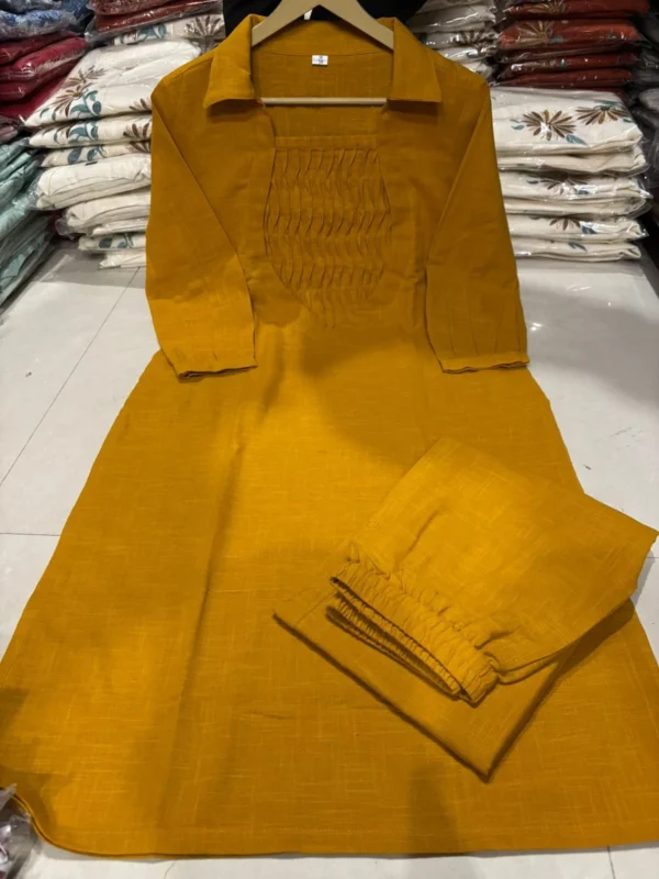 Yellow Slub Cotton Kurti Pant Set