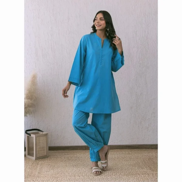 Blue Cotton Slub Kurti Pant Set