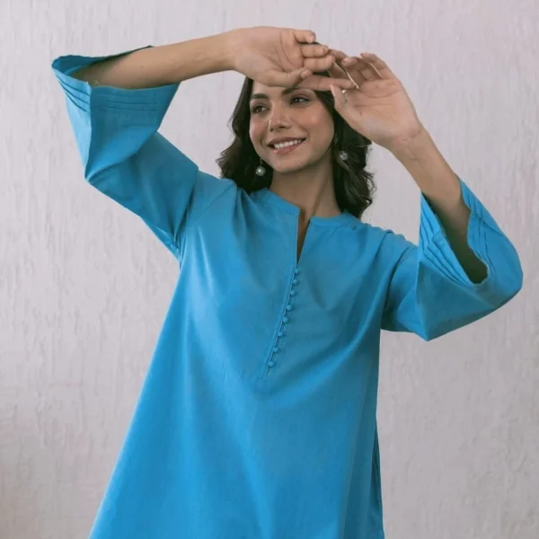 Blue Cotton Slub Kurti Pant Set