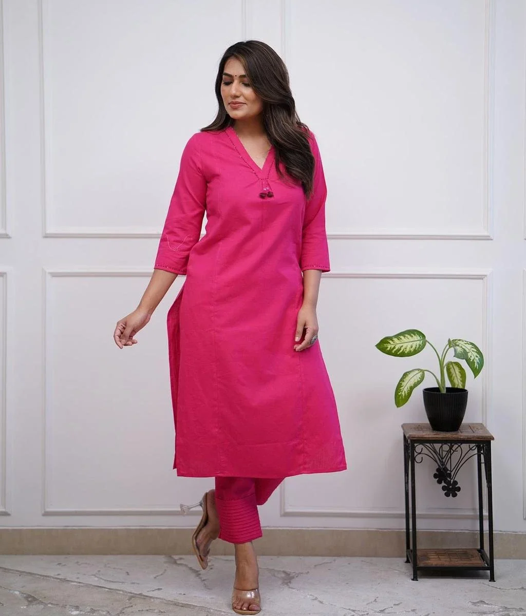 Office Wear Cotton Pink Kurti Pant Set