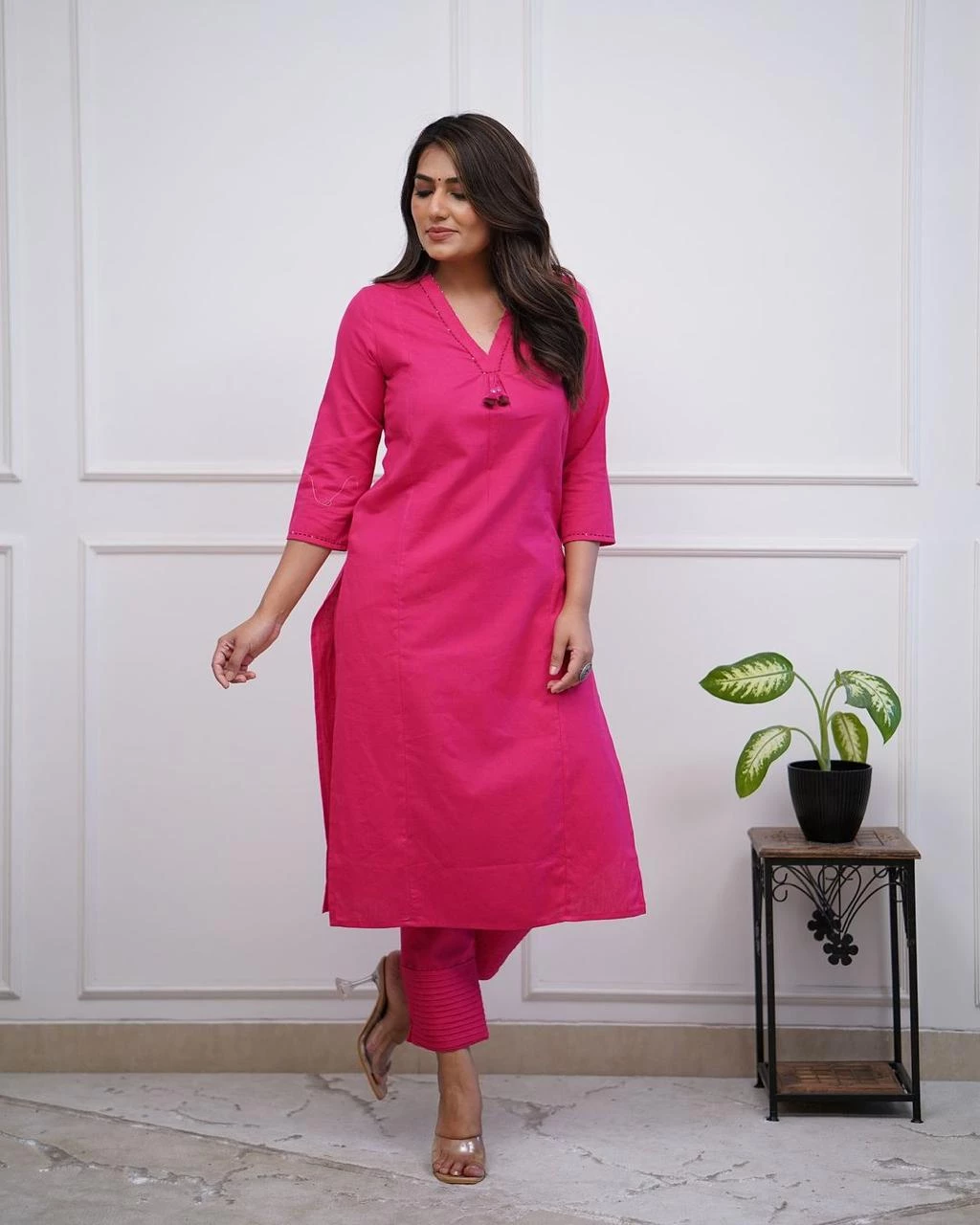 Office Wear Cotton Pink Kurti Pant Set