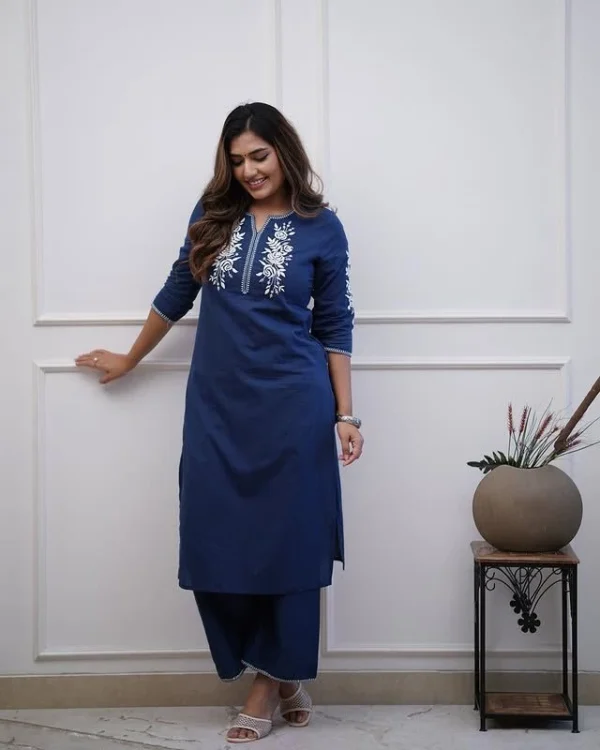 Office Wear Blue Cotton Kurti Pant Set