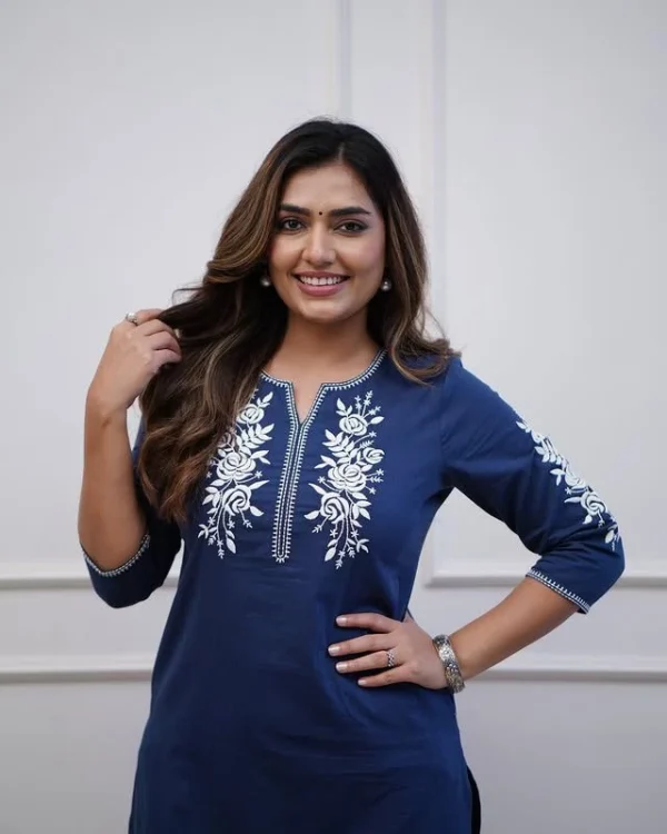 Office Wear Blue Cotton Kurti Pant Set