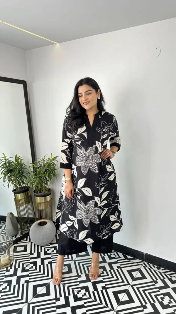 Floral Print Black Cotton Kurti Palazzo Set