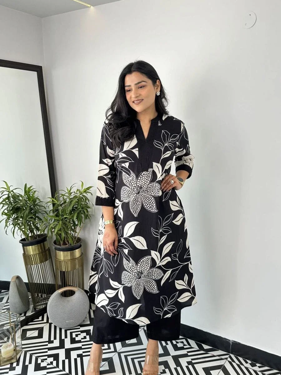Floral Print Black Cotton Kurti Palazzo Set
