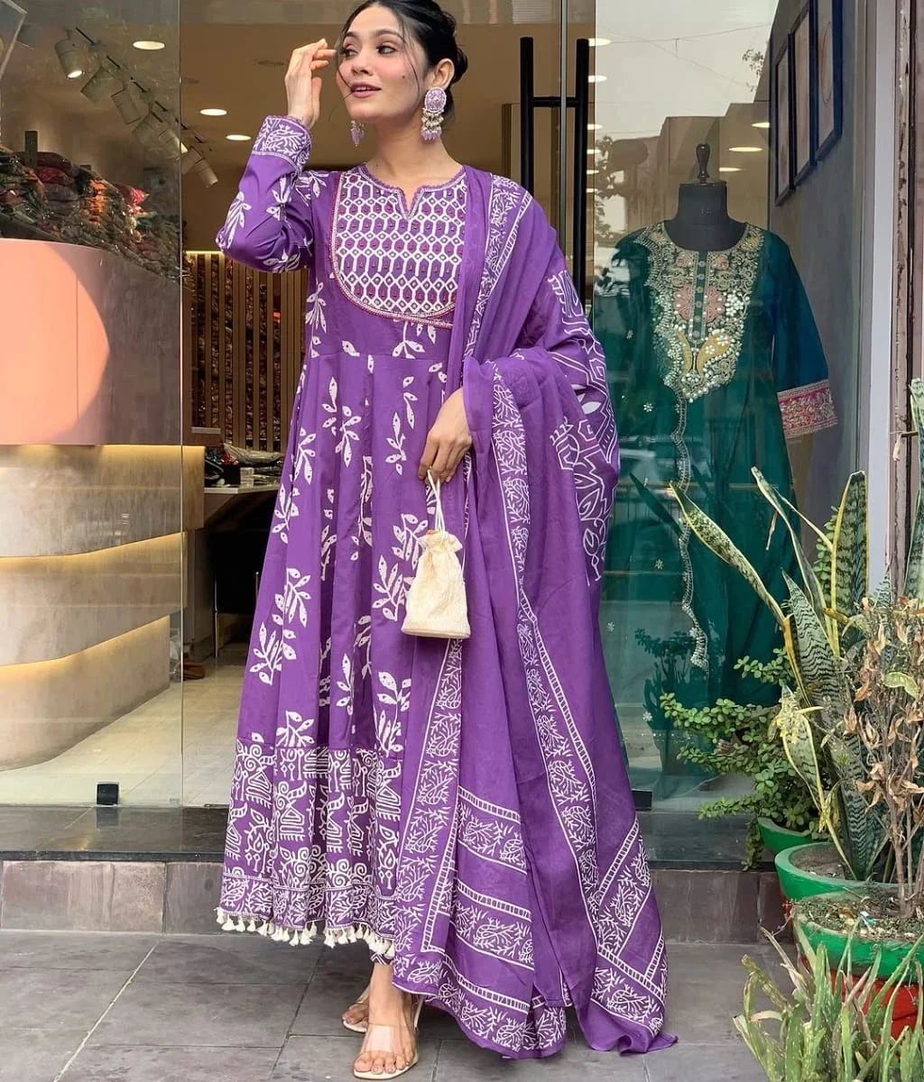 Purple Anarkali Angrakha Style Cotton Suit Set