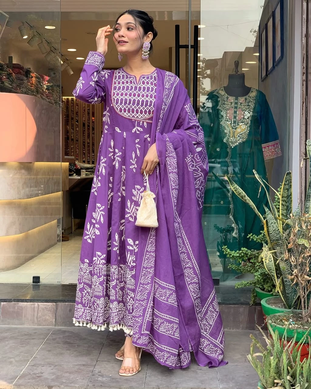 Purple Anarkali Angrakha Style Cotton Suit Set