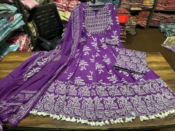 Purple Anarkali Angrakha Style Cotton Suit Set