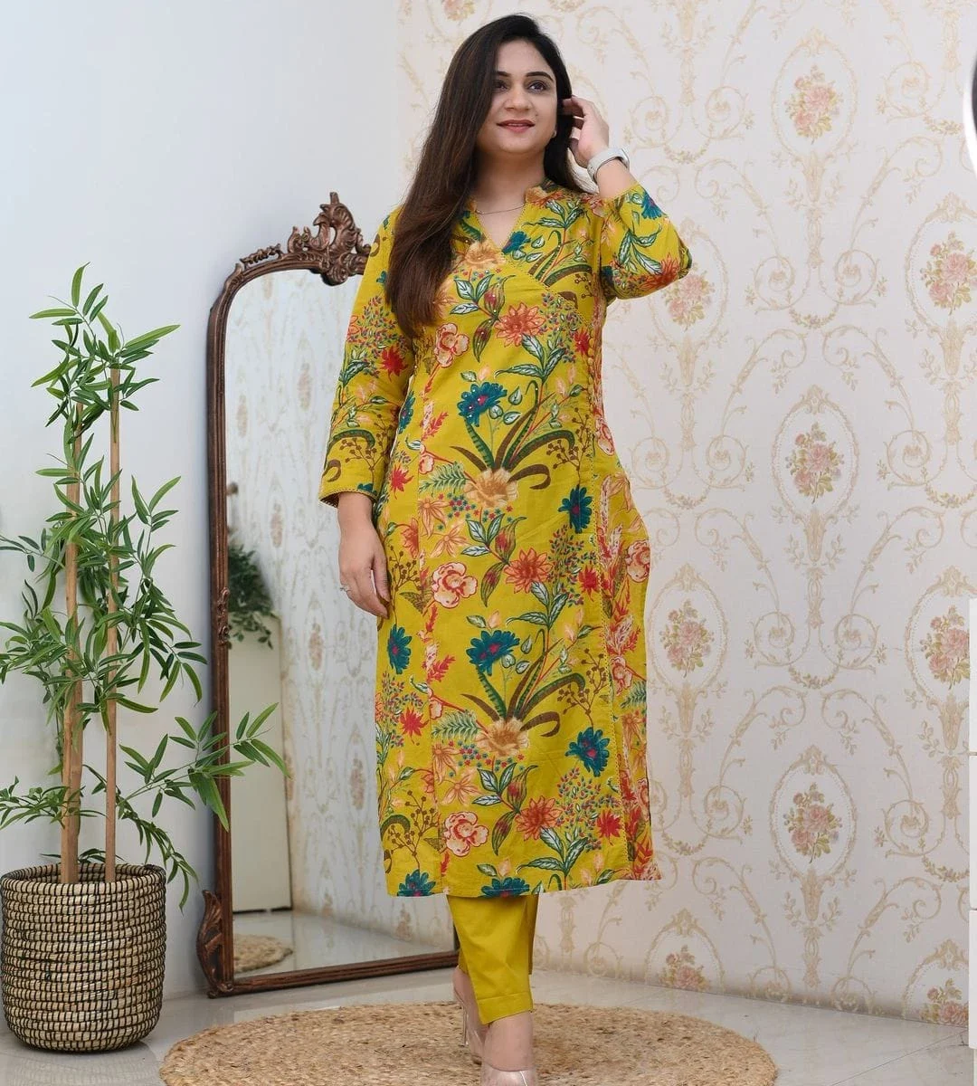 Yellow Floral Print Kurti Pant Set​