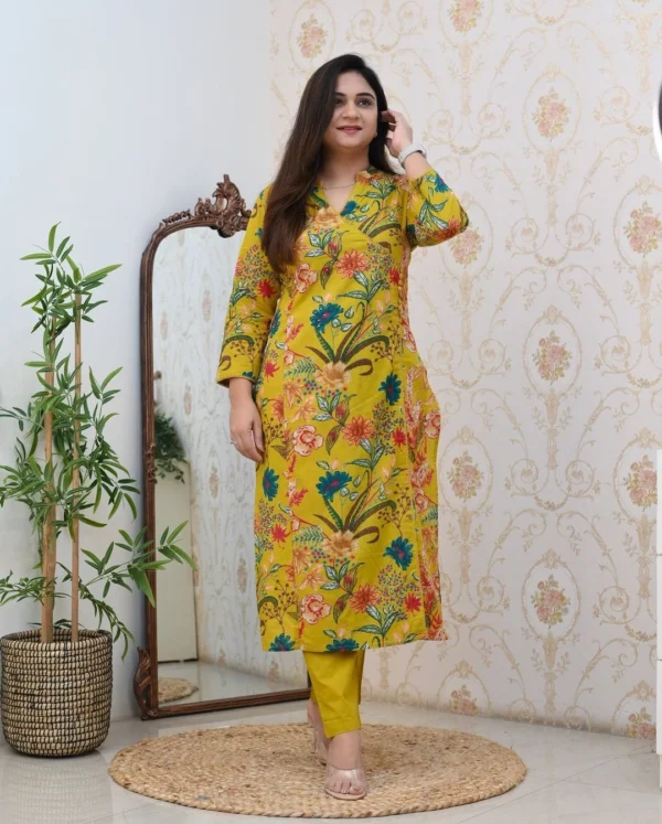 Yellow Floral Print Kurti Pant Set​