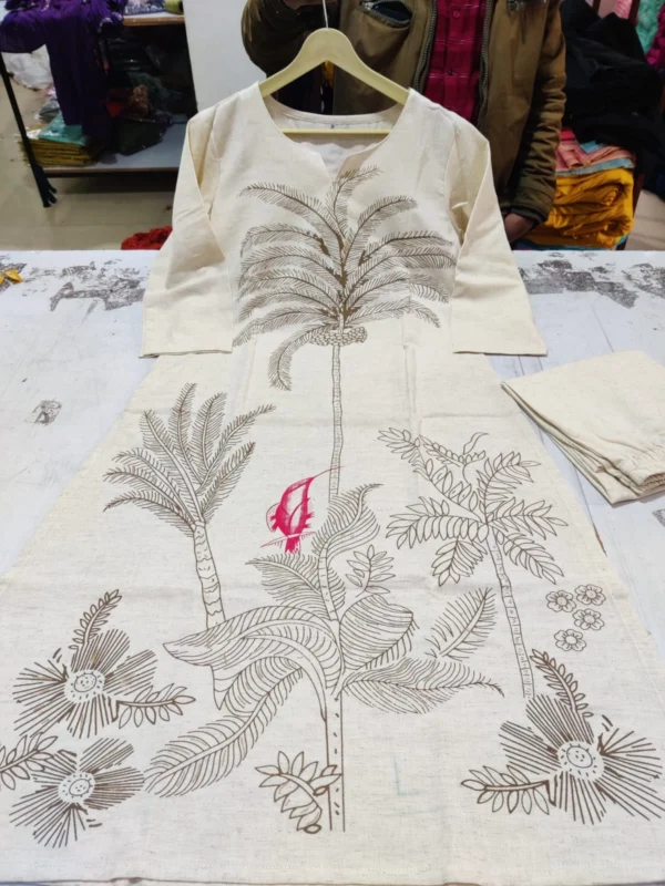 Hand Block Print White Cotton Kurti Pant Set