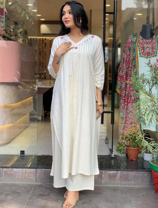 A-Line White Cotton Kurti Palazzo Set