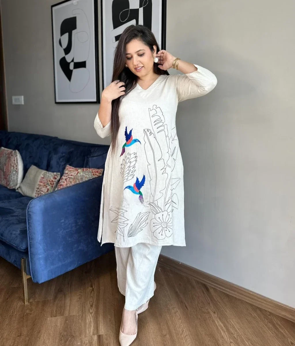 Cotton Off-White Kurti Palazzo Set
