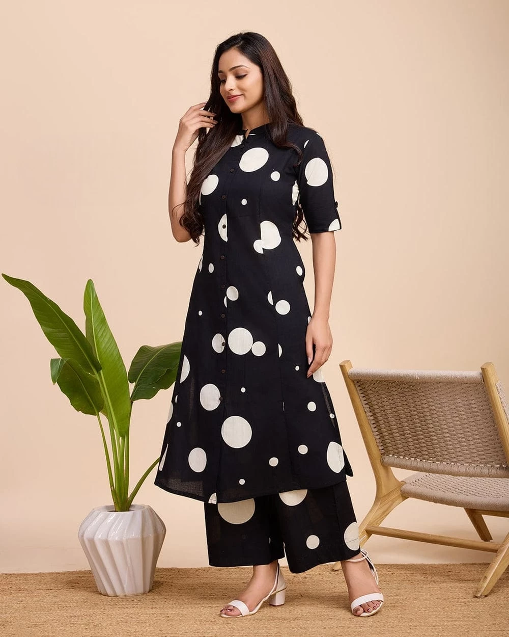 Black Polka Dots Cotton Kurta Pant Set