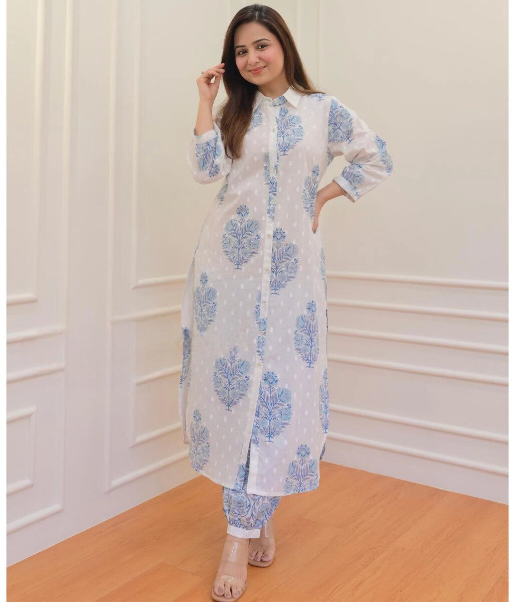 White Blue Cotton Kurti Pant Set