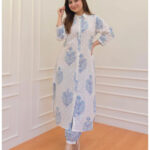 White Blue Cotton Kurti Pant Set