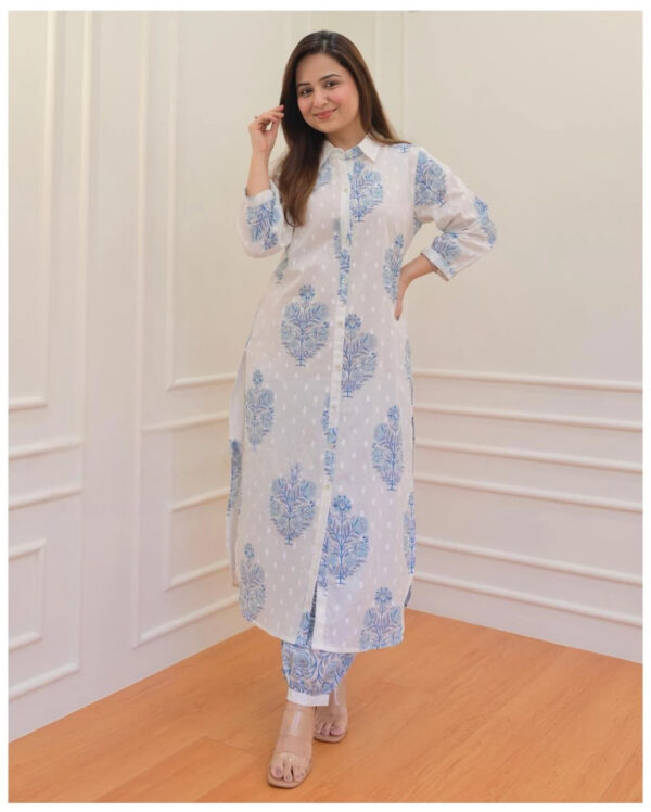 White Blue Cotton Kurti Pant Set