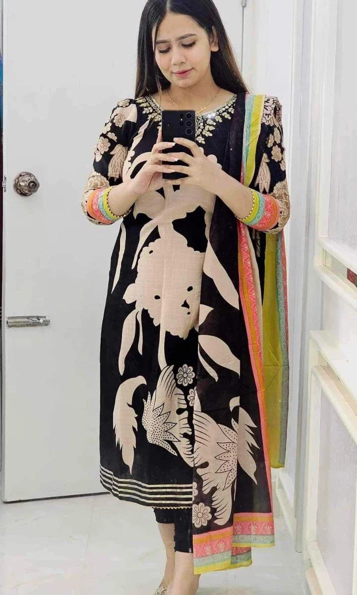 Black Off White Printed Maslin Suit Set