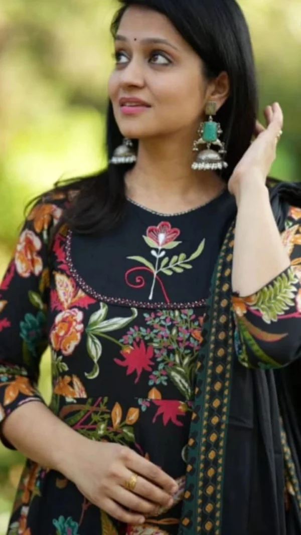 Floral Print Black Anarkali Suit For Women