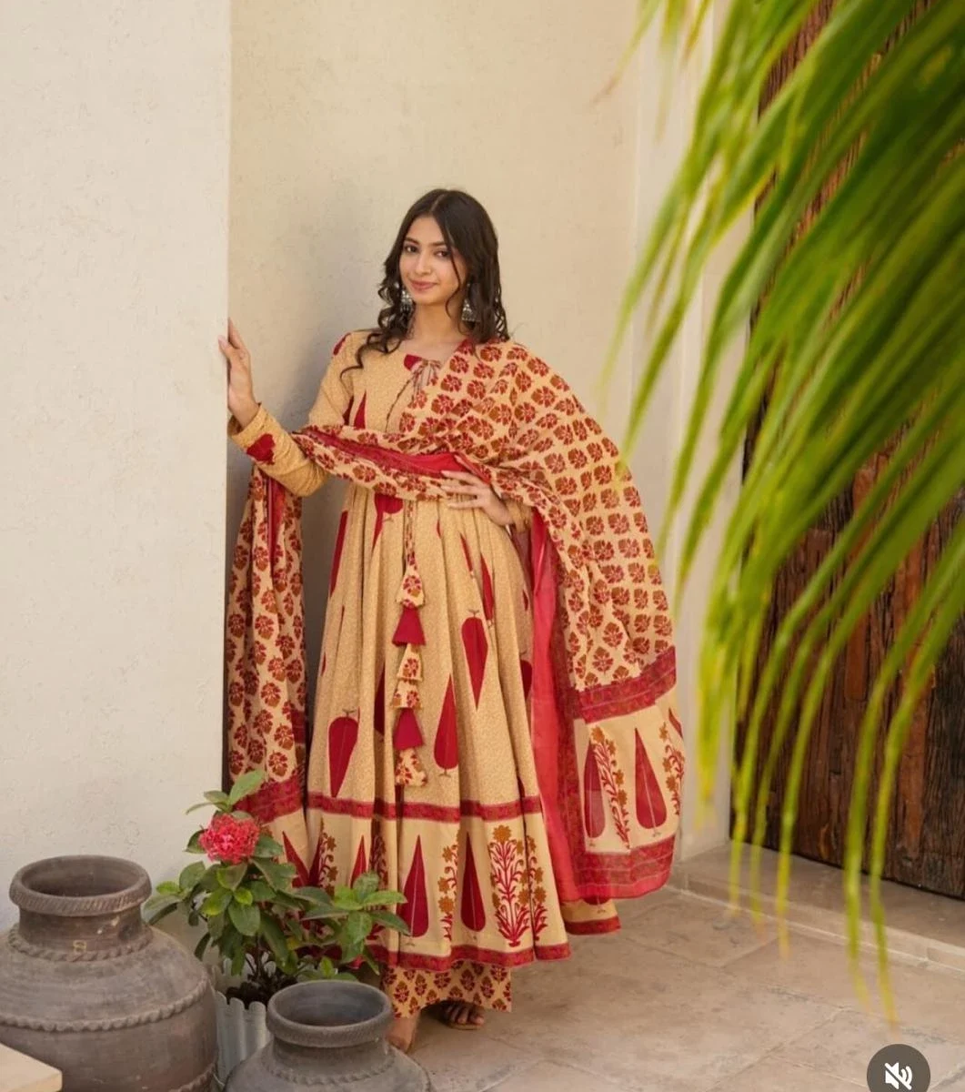 Cotton Anarkali Sanganeri Print ​Suit Set
