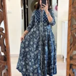 Blue Printed Cotton Anarkali Suit Set