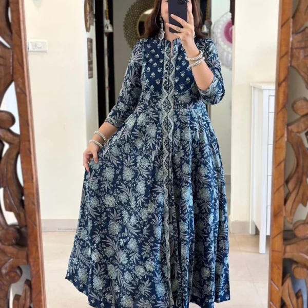 Blue Printed Cotton Anarkali Suit Set