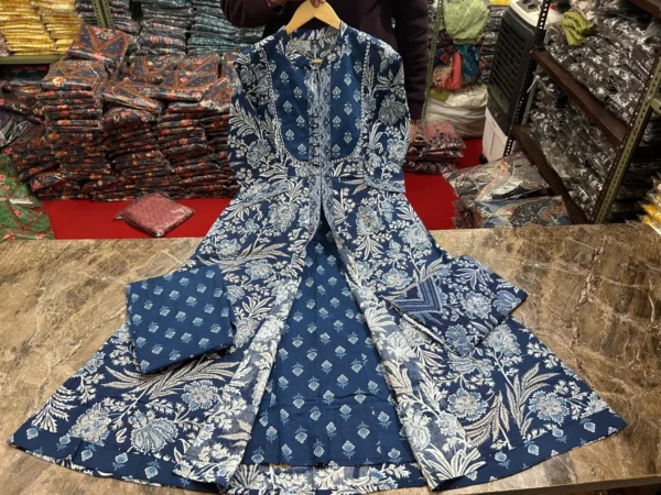 Blue Printed Cotton Anarkali Suit Set