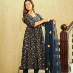 Blue Lahariya Alia Cut Kurti Pant Dupatta Set