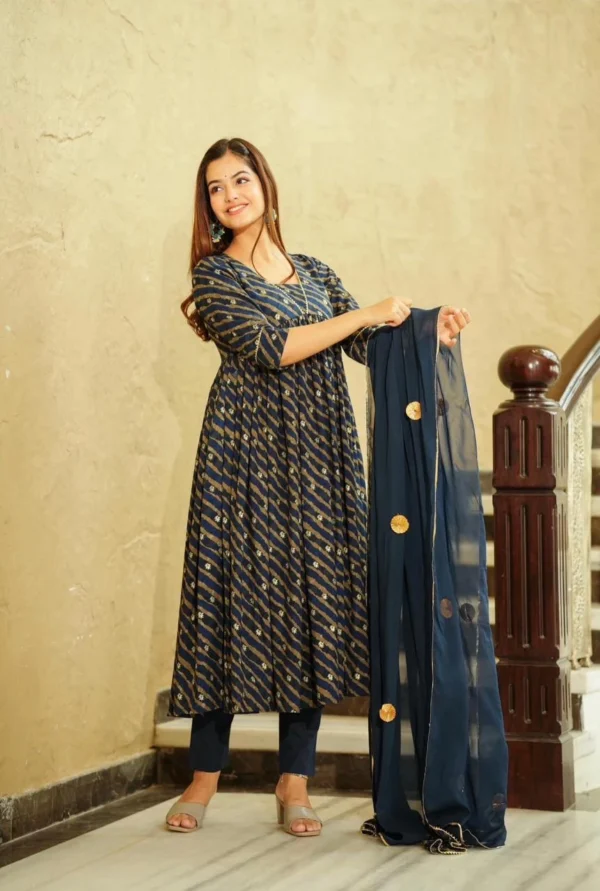 Blue Lahariya Alia Cut Kurti Pant Dupatta Set