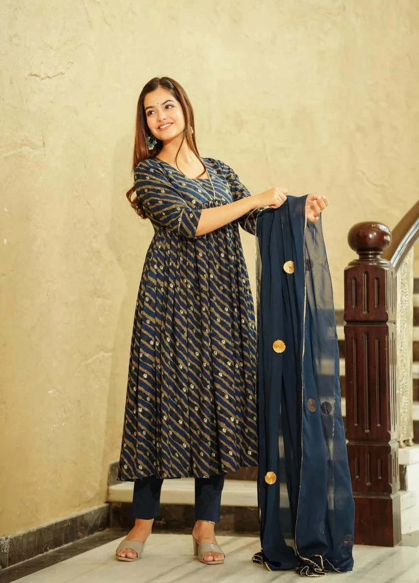 Blue Lahariya Alia Cut Kurti Pant Dupatta Set