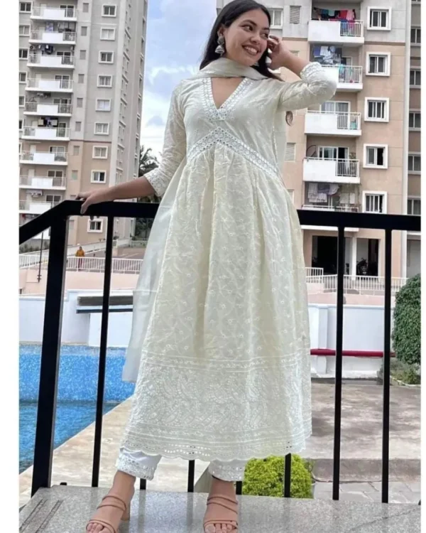 Cotton White Chikankari Embroidery Suit Set
