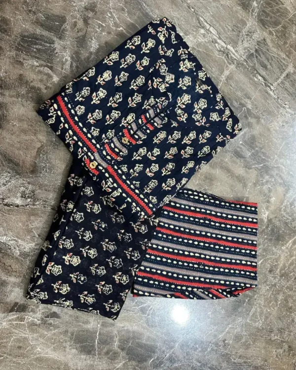 Floral Printed Black Cotton Suit Set